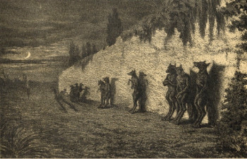 Werewolves leaning against the wall of a cemetery at night by Maurice Sand